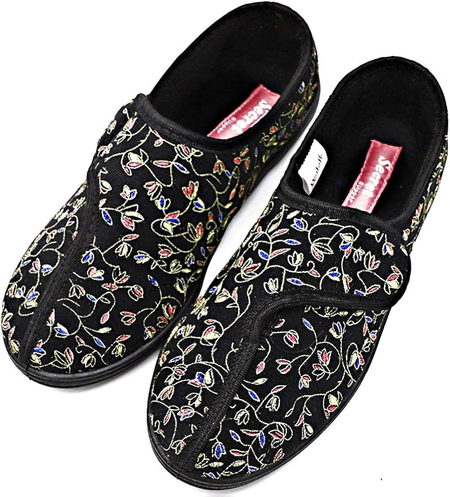 Womens Diabetic Slippers Swollen Feet Embroidery House Shoes Adjustable Touch Close Strap Memory Foam Wide Width for Elderly, Seniors, Edema