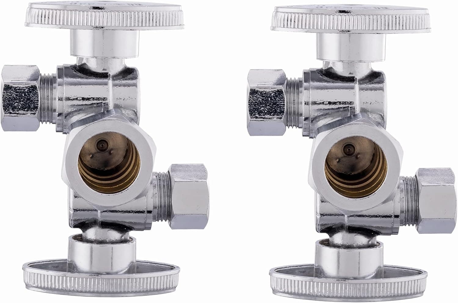 (Pack of 2) EFIELD 1/4 Turn Dual Compression Outlet Angle Stop Valve with 2 Shut Off Valve/Handles, 1/2" NOM (5/8" OD) x (3/8 inch x 3/8 inch) Chrome