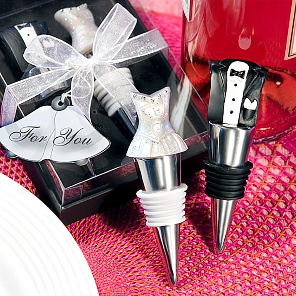 Happy Couple Bride and Groom Wine Bottle Stopper Set