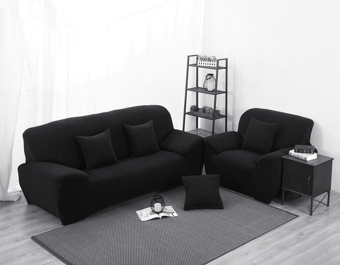 Black High Elasticity Fabric Sofa Slipcover Couch Cover Protector Three-Seater 74-90 Inch