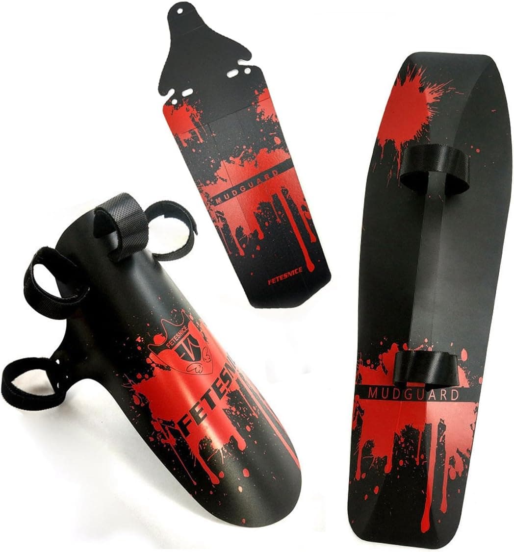 FETESNICE Adjustable MTB Bike Fender, Front/Rear/Downtube Mud Guards, Bicycle Mudguards Set (Red)