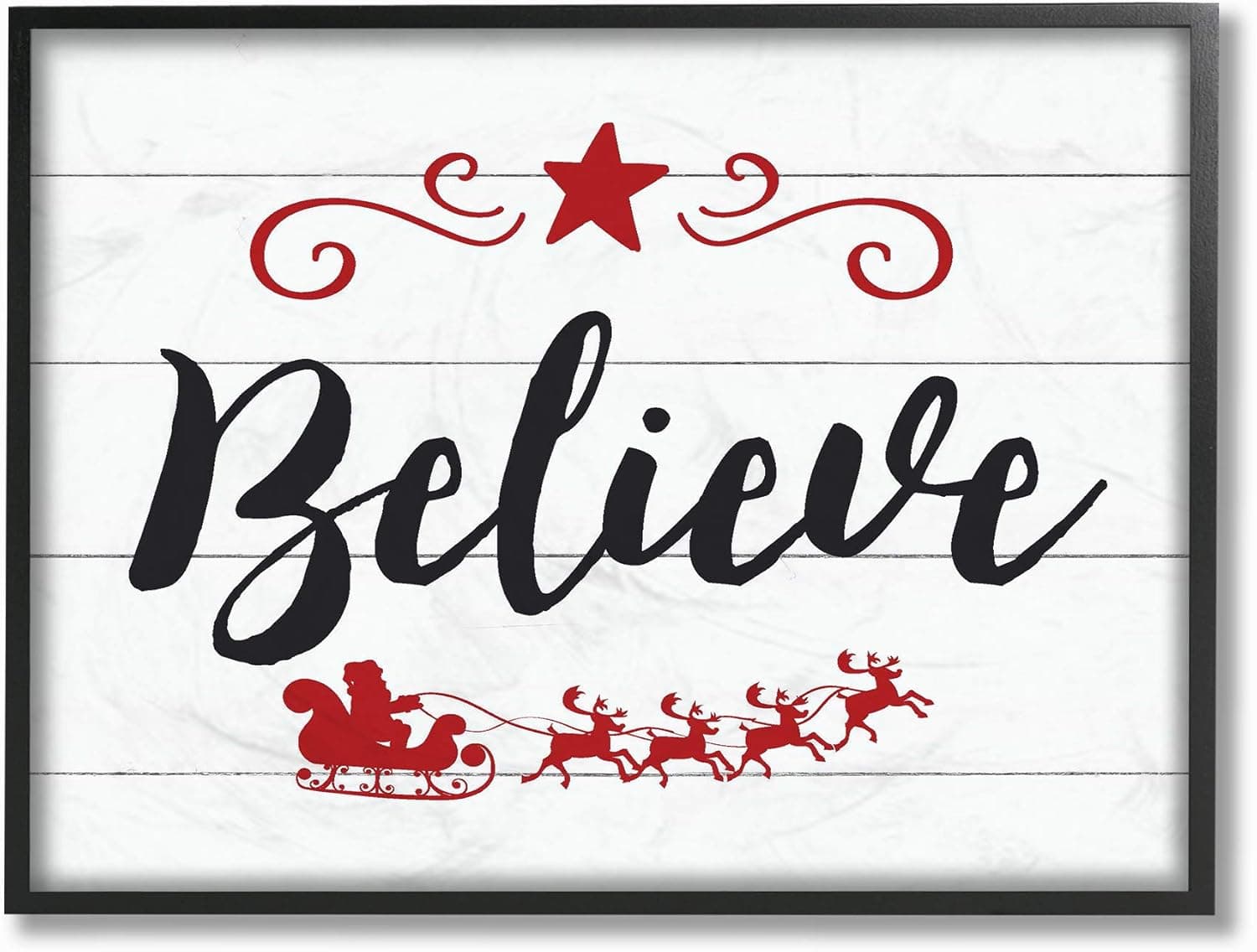 The Stupell Home Décor Collection Holiday Believe Elegant Typography with Red Sleigh and Star Framed Giclee Texturized Art, 16 x 20, Multi-Color