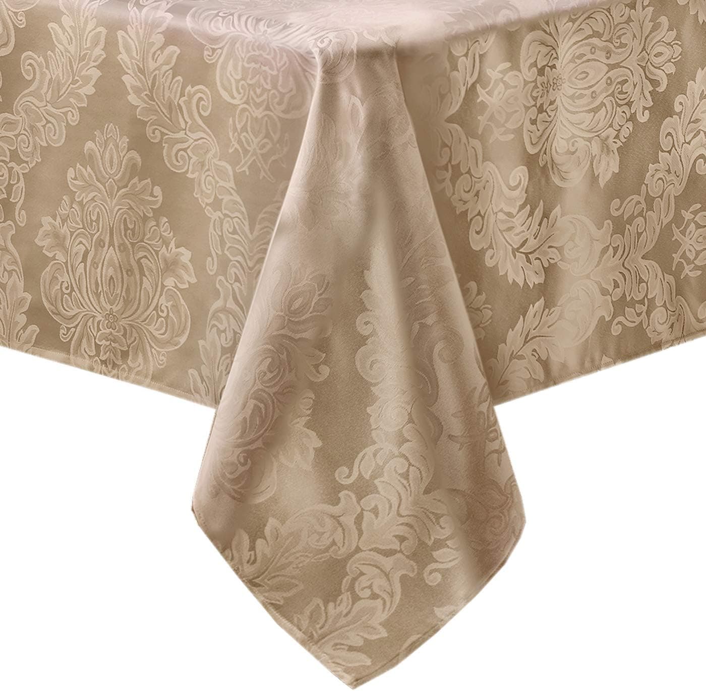 Newbridge Barcelona Luxury Damask Fabric Tablecloth, 100% Polyester, No Iron, Soil Resistant Dining Room, Party Banquet and Holiday Tablecloth, 52 Inch x 52 Inch Square, Golden Beige