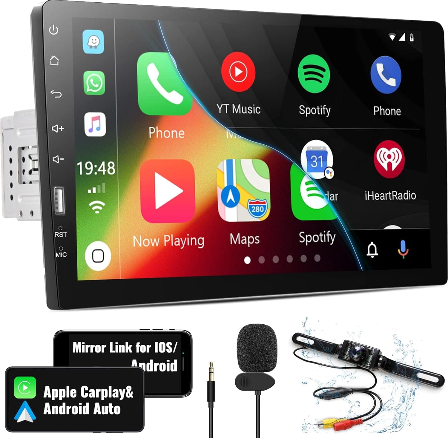Single Din Touchscreen Car Stereo with Apple Carplay&Android Auto,9 Inch 1 Din Car Radio with Bluetooth FM/AM Mirror Link for iOS/Android TF/USB/AUX Input SWC Car Multimedia Player + Backup Camera