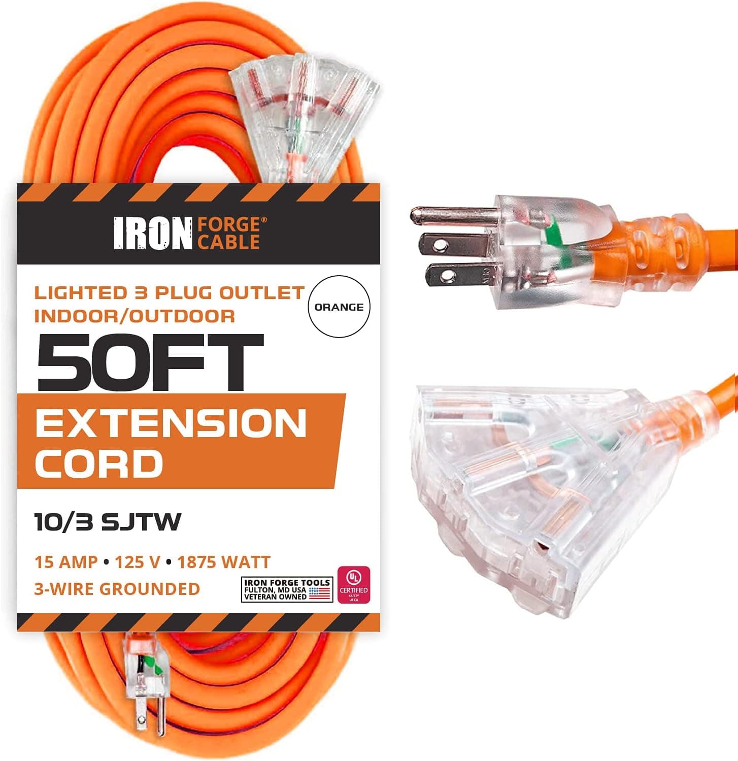50 Foot Lighted Outdoor Extension Cord with 3 Electrical Power Outlets - 10/3 SJTW Orange 10 Gauge Extension Cable with 3 Prong Grounded Plug for Safety, 15 AMP