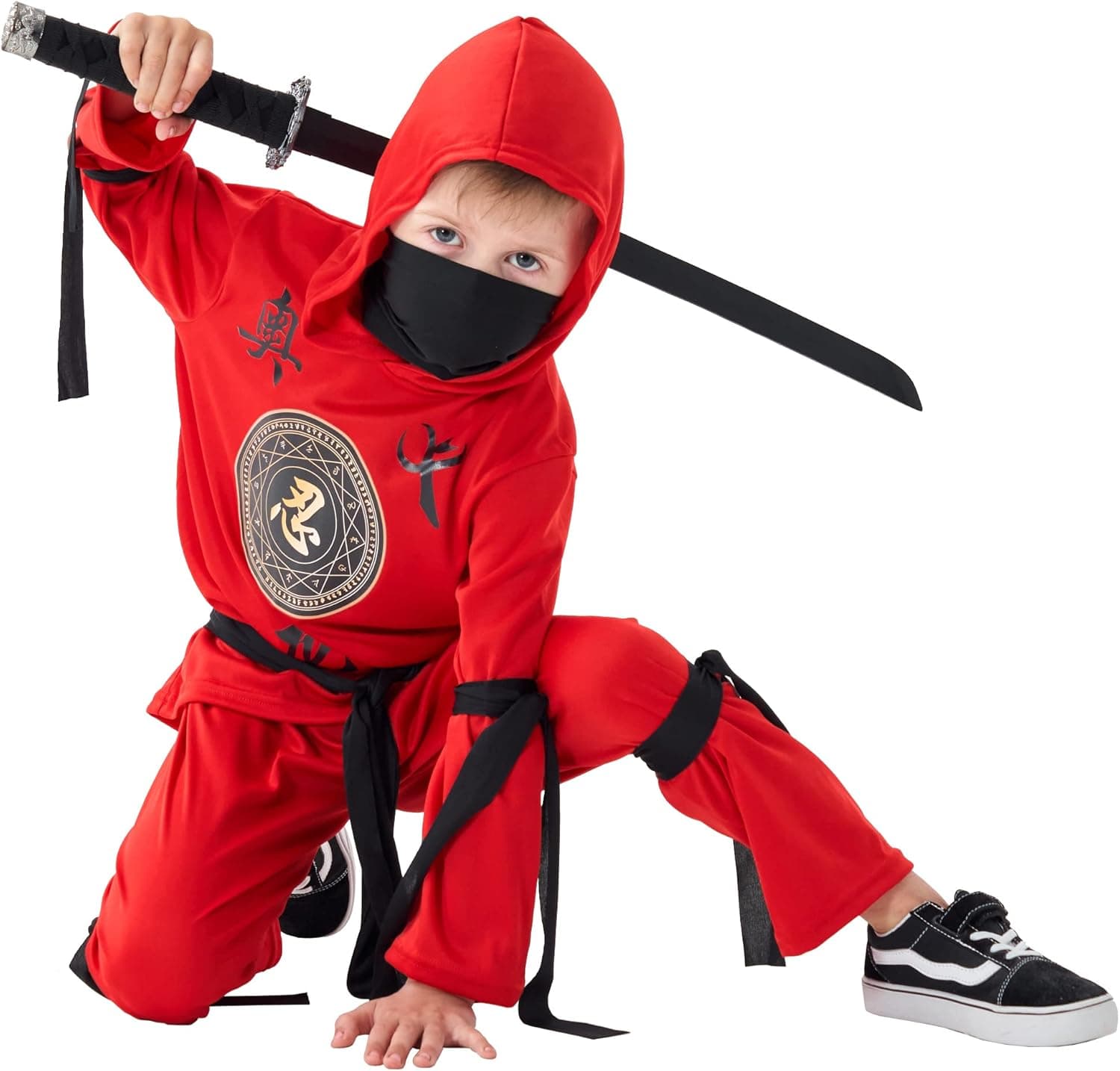 Udekit Deluxe Red Ninja Costume with Hood Pant and Ribbons for Kids Halloween Cosplay