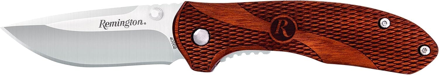 Remington Cutlery R40002 Heritage Series Liner Lock Med Wood Handle Folding Knife with Pocket Clip, Brown Wood
