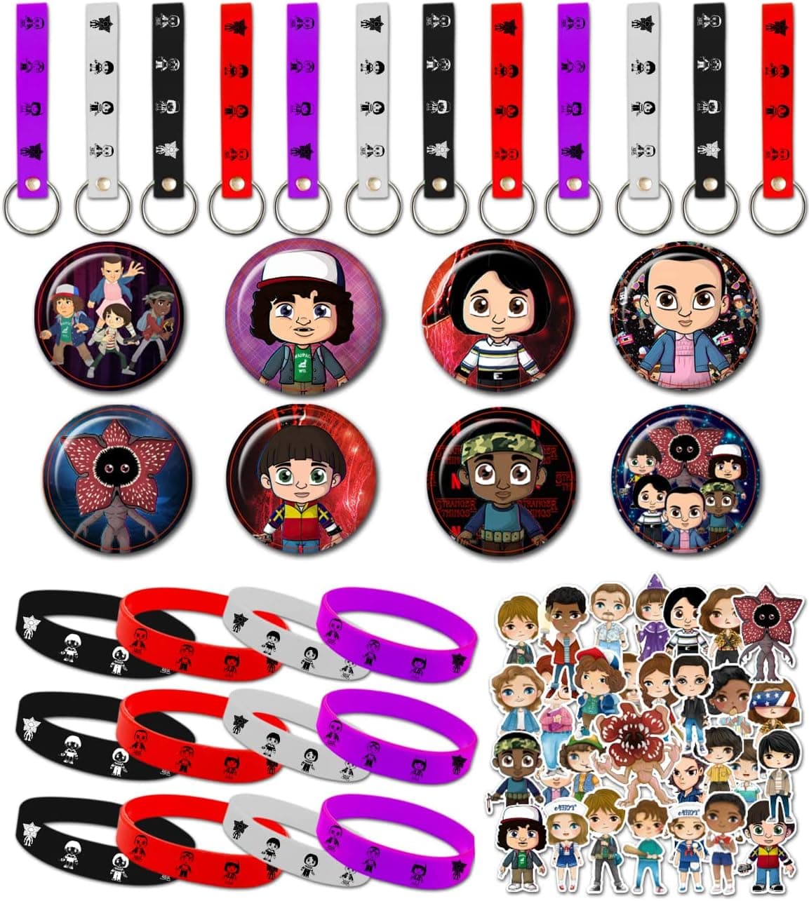 92 Pcs Party Favors, Birthday Party Supplies Cartoon Theme Birthday Party Favors Includes 12 Bracelets,8 Button Pins,12 Key Chain,60 Stickers for Birthday Party Decorations