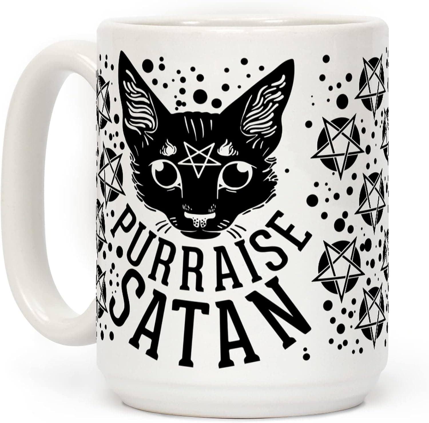 LookHUMAN Purraise Satan White 15 Ounce Ceramic Coffee Mug