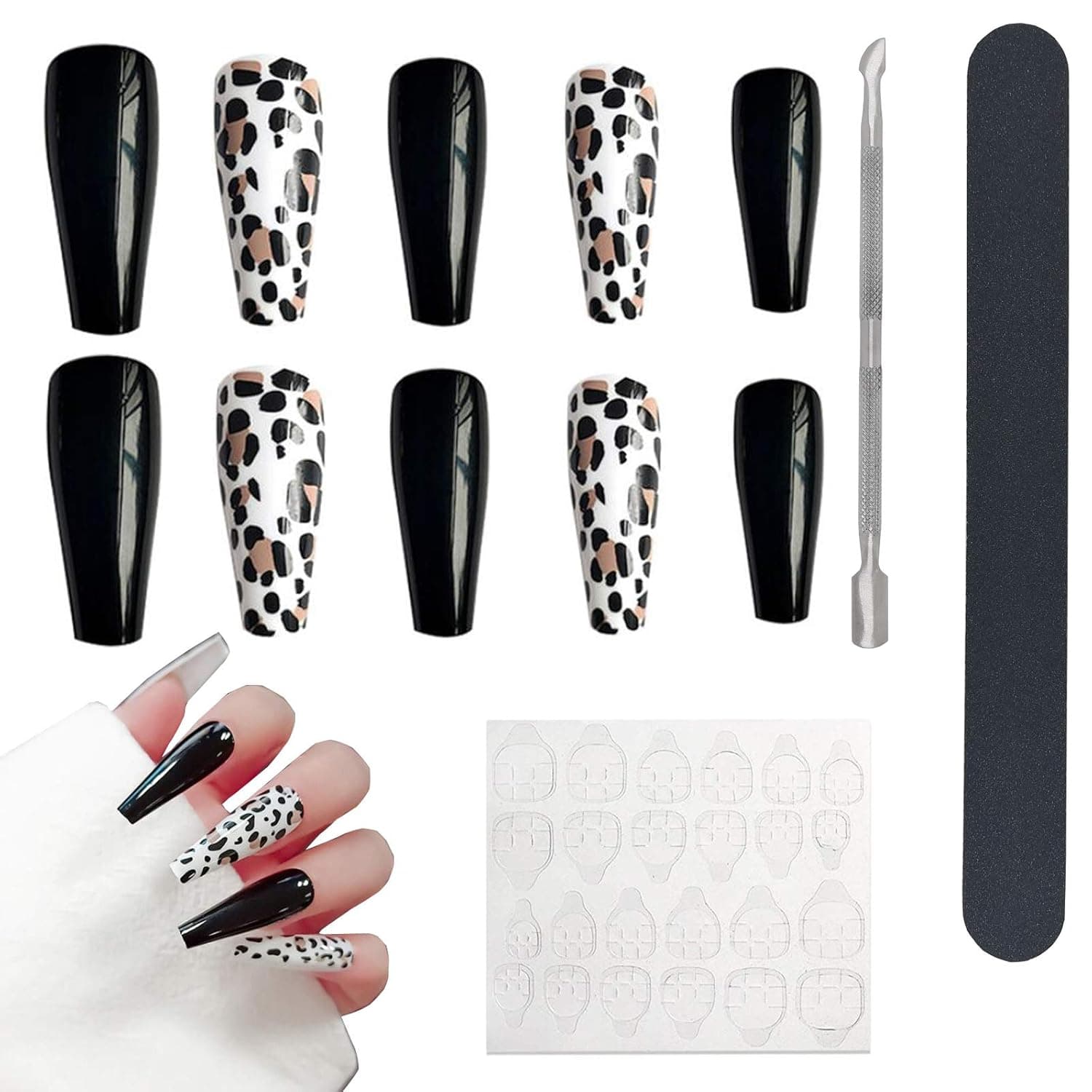 AddFavor Press on Nails Full Cover Acrylic False Fake Nails for Women Girls DIY Manicure (Leopard-Black)