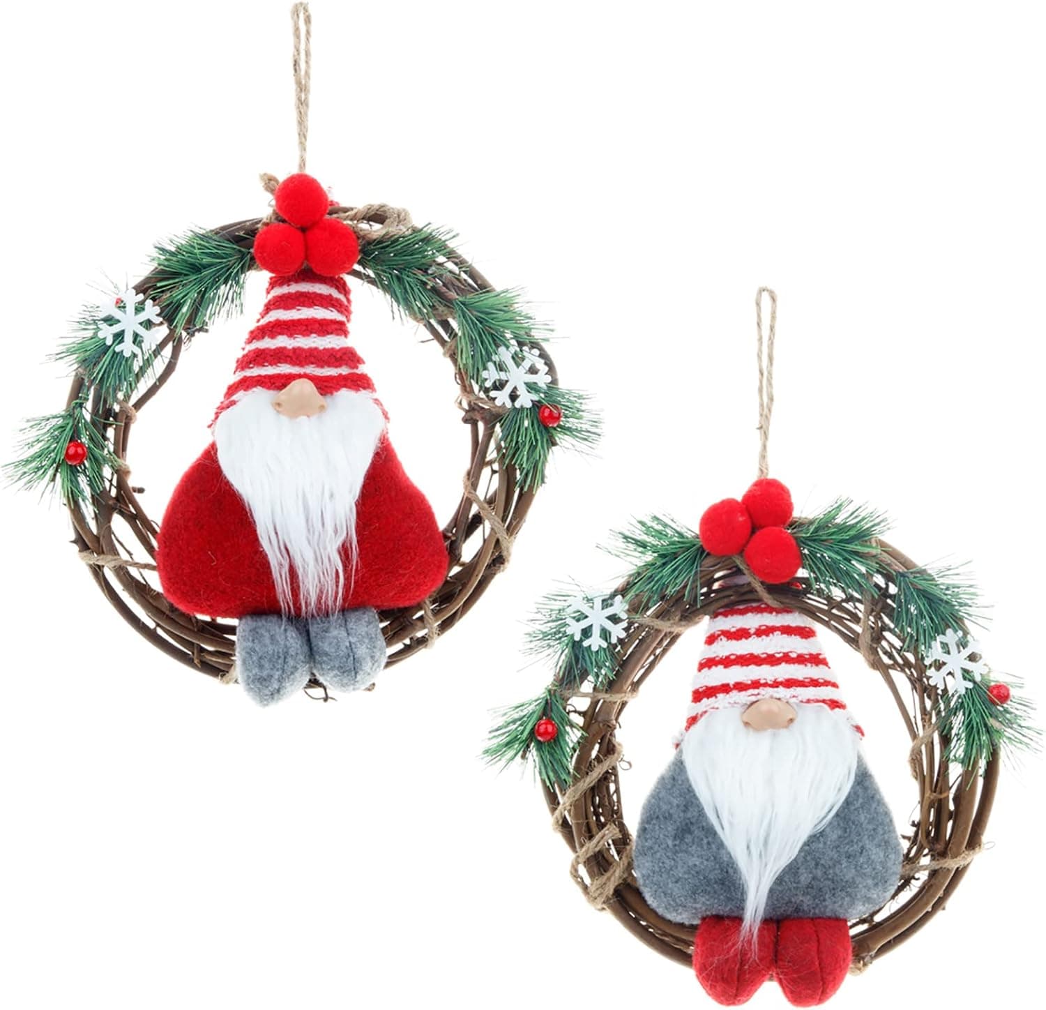 Foraineam 2 Pcs Christmas Swedish Gnome Wreath, 8.2 inch Xmas Rattan Door Wreaths, Small Santa Scandinavian Tomte Gnomes Elf Doll Ornaments, Window Wall Door Home Holiday Hanging Decorations