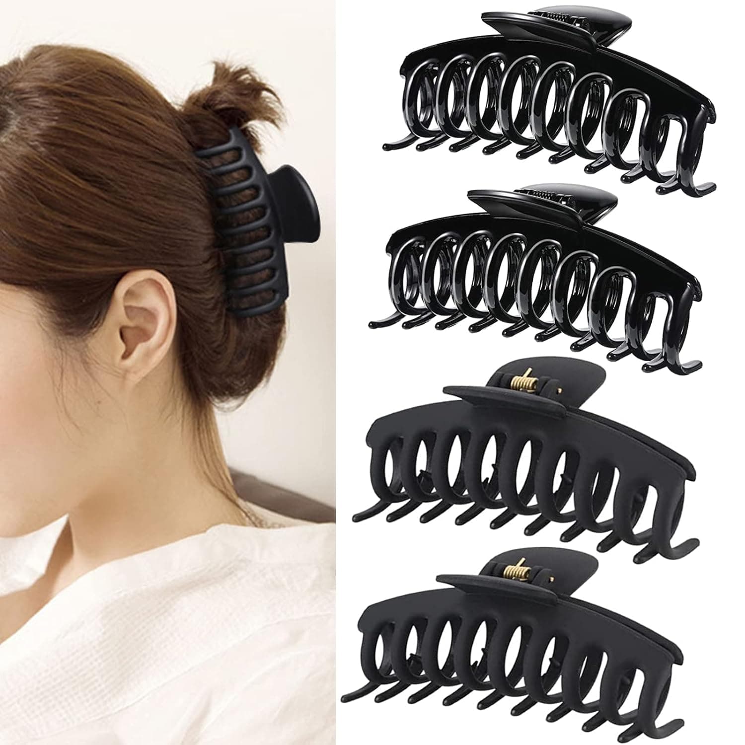 Hair Claw Clips for Thick Hair - 4pcs 4.3’’ Plastic Nonslip Jumbo Hair Clips Strong Hold Hair Jaw Clips Big Hair Clips French Design Hair Styling Accessories for Women Girls(3 Packs) (Black-4P)