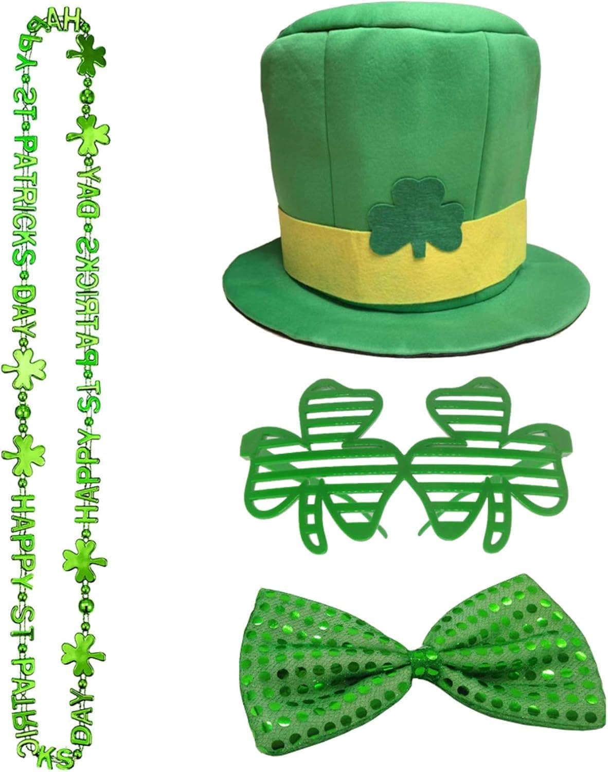 St. Patrick's Day Halloween Irish Costume Leprechaun Costume 4 Piece Set Party Accessories - Includes St. Patty's Day Leprechaun Hat, Shamrock Bead Necklaces, Bow Tie and Shamrock Shaped Glasses