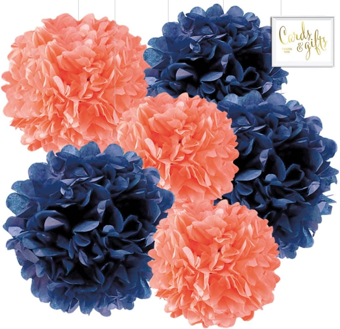 Andaz Press Hanging Tissue Paper Pom Poms Party Decor Trio Kit with Free Party Sign, Coral and Navy Blue, 6-Pack, for Nautical Bridal Shower Wedding Decorations