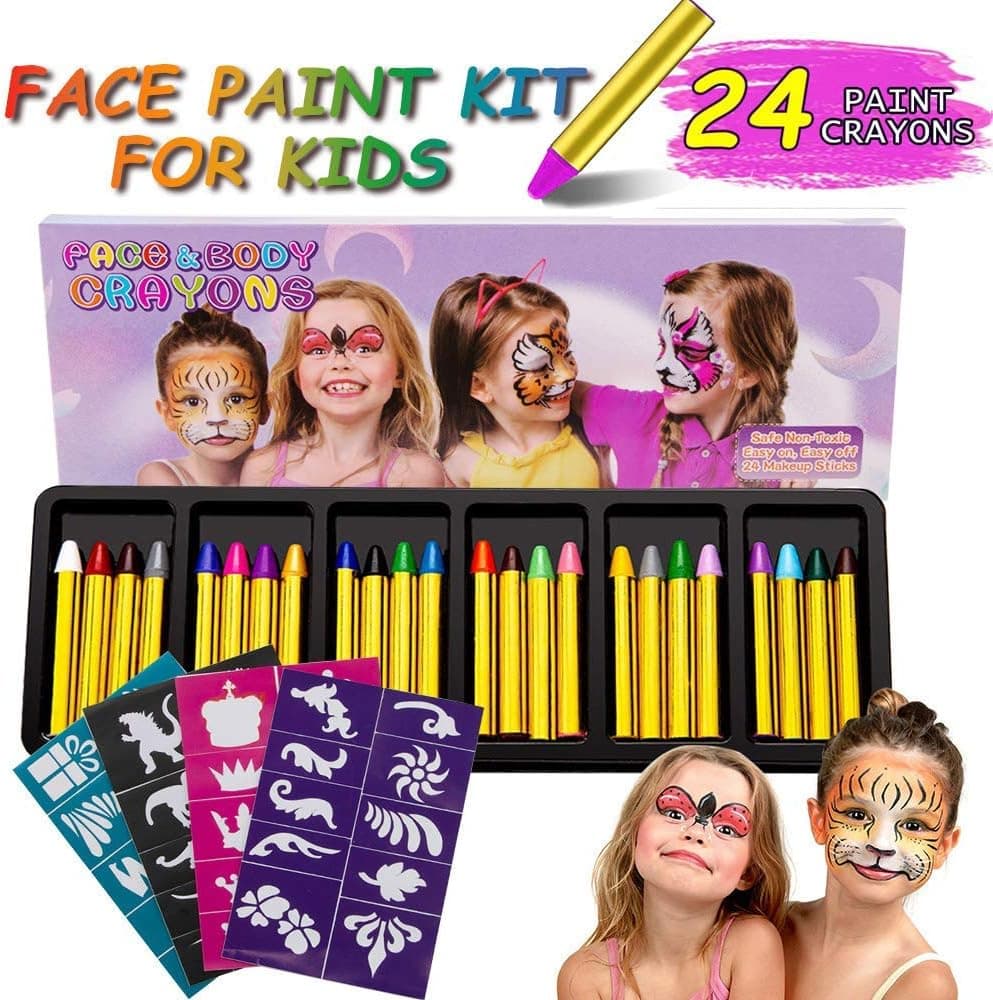 RIZON Face Painting Kit 24 Colors, Kids Face Body Paint Crayons with 40 Tattoo Stencils, 100% Safe & Non-Toxic Face Paint Sticks for Makeup Party Cosplay Halloween Christmas