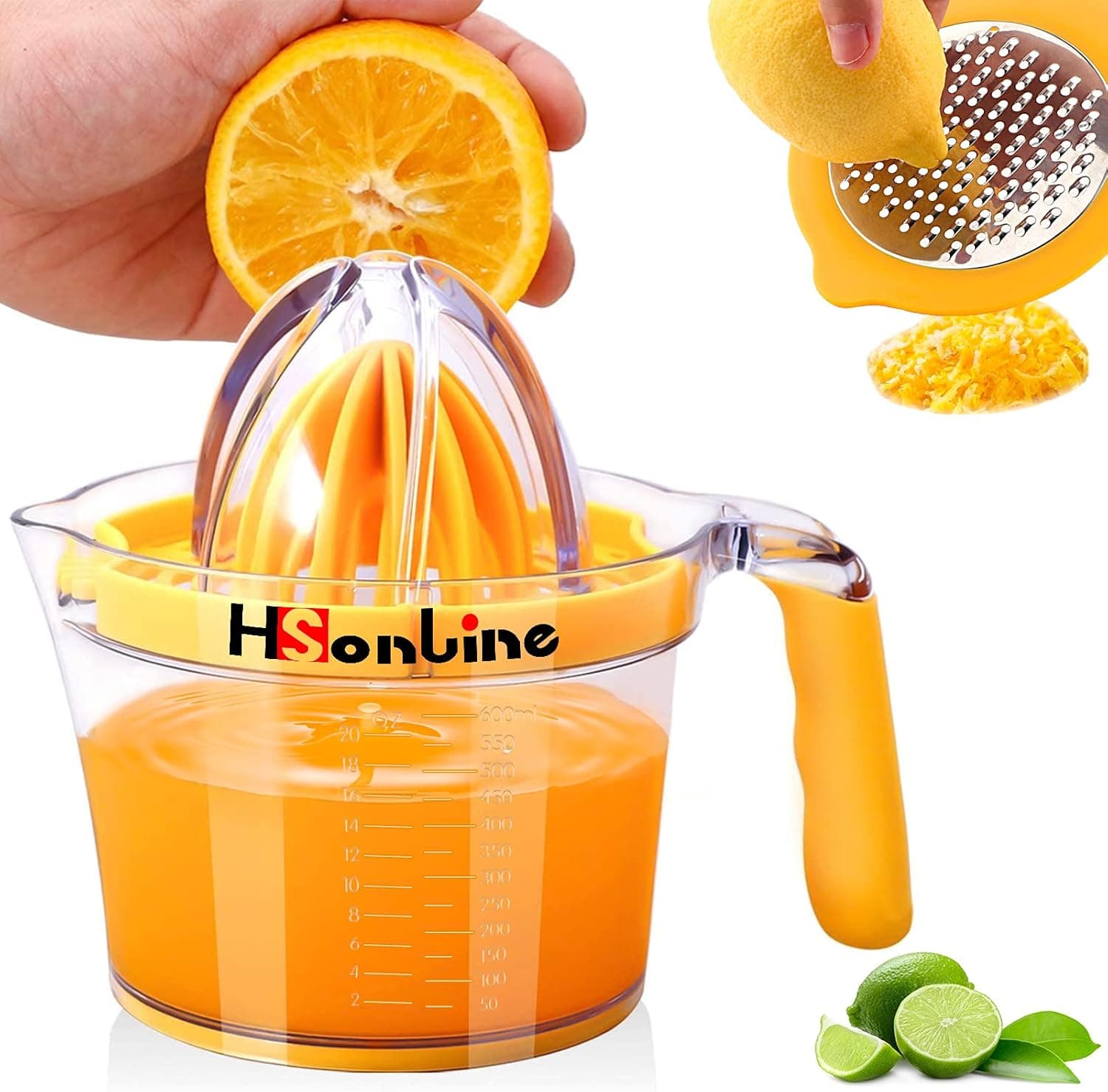 Hsonline 4-in-1 Citrus Orange Lemon Juicer Manual Hand Press Lime Squeezer Fruit Juicer with Cheese Grater Stainless Steel, Built-in Measuring Cup, Egg Separator and Anti-Slip Silicone Handle, 20OZ