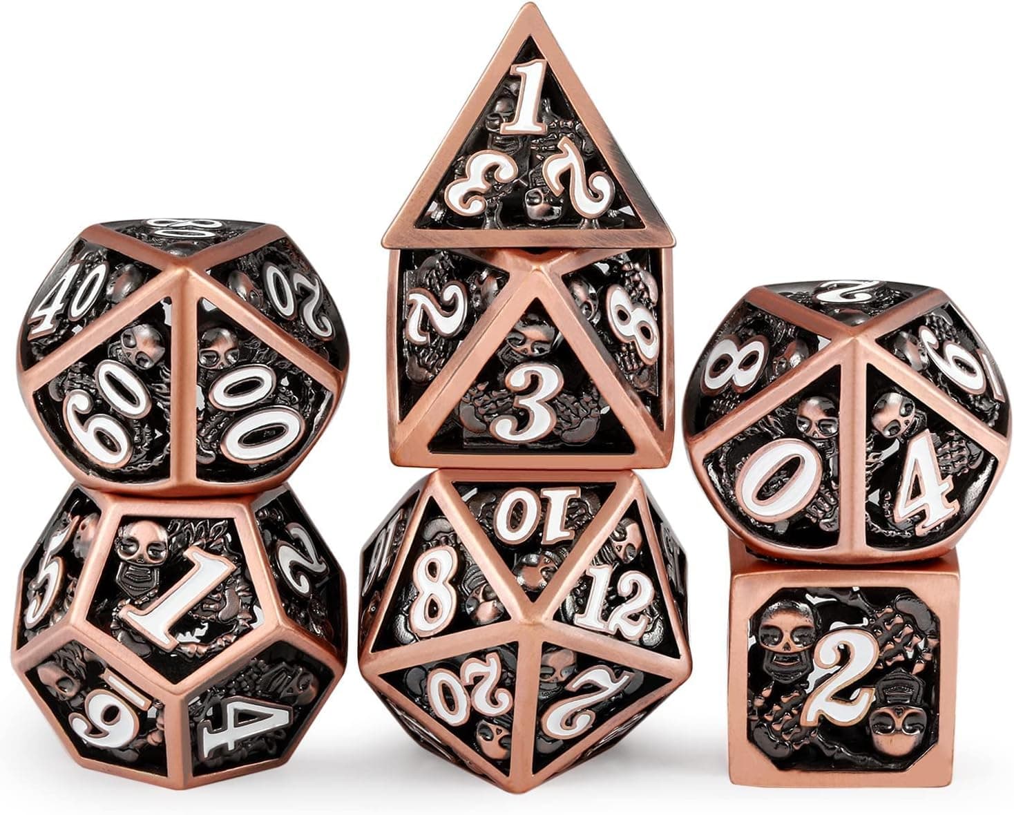 Large Hollow Metal Dice DNDND 25mm Skull Hollow Metal D&D Die Set with Metal Case for Dungeons and Dragon (Copper with White Number)