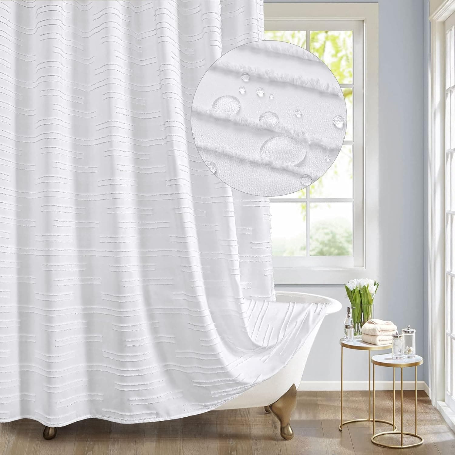 MitoVilla Extra Long Shower Curtain 72 × 84, Modern Farmhouse 84 inch Shower Curtains for White Luxury Bathroom Decor, XL Fabric Cloth Bathroom Shower Curtain with Striped Geometric Tufted Textured