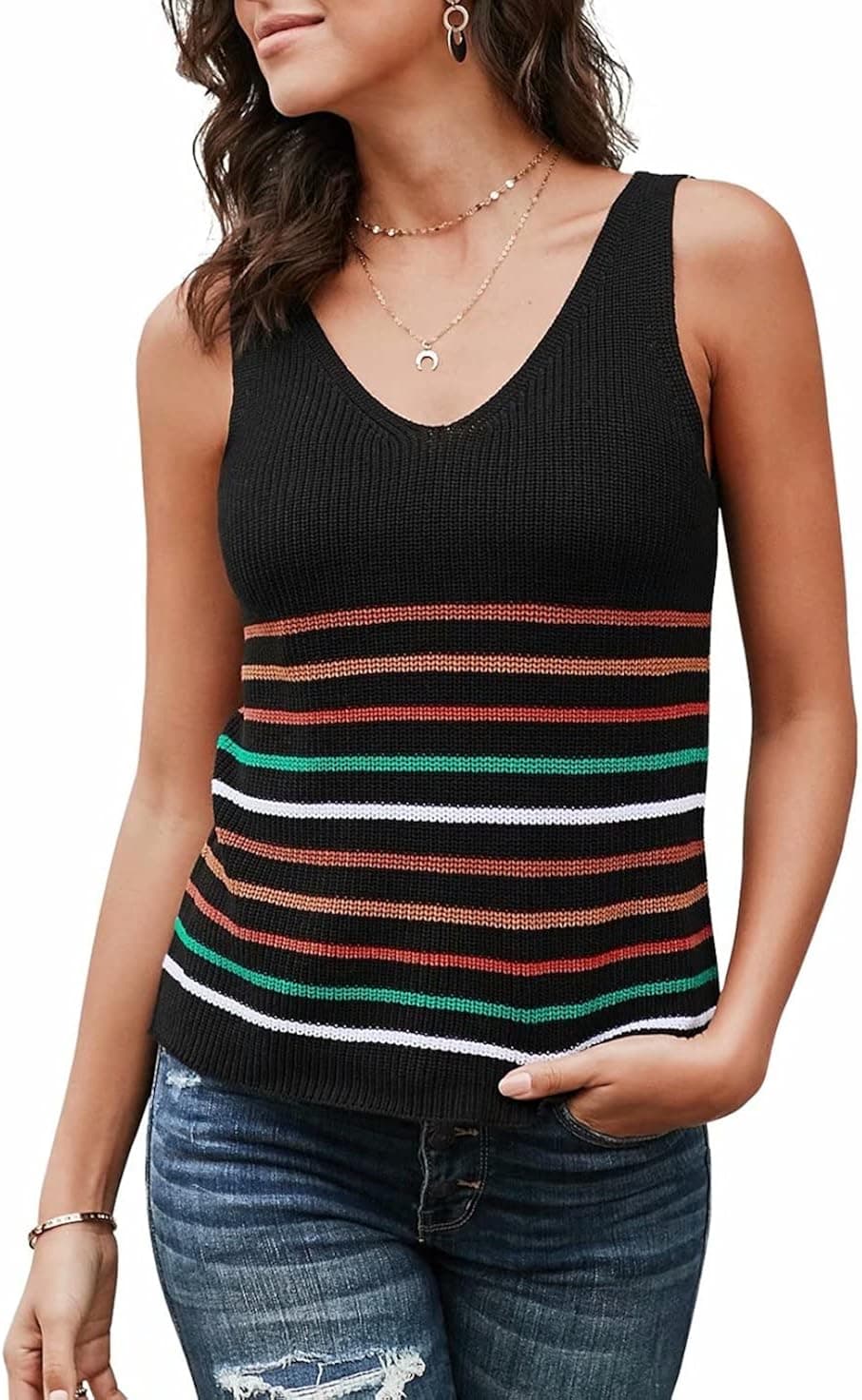 LOSRLY Womens Ladies Scoop Neck Strappy Knit Tank Tops Casual Striped Sleeveless Work Office Cami Blouse Shirts L Black