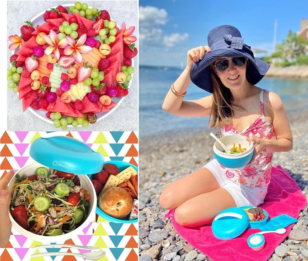 Salad Container Bento Bowl for Lunch | Lunch-Box To-Go Containers for Adults Kids | Meal Prep Kit with Lid Fits Big Salads for Women, Teens | Utensils Dressing Cup BPA-Free, Blue