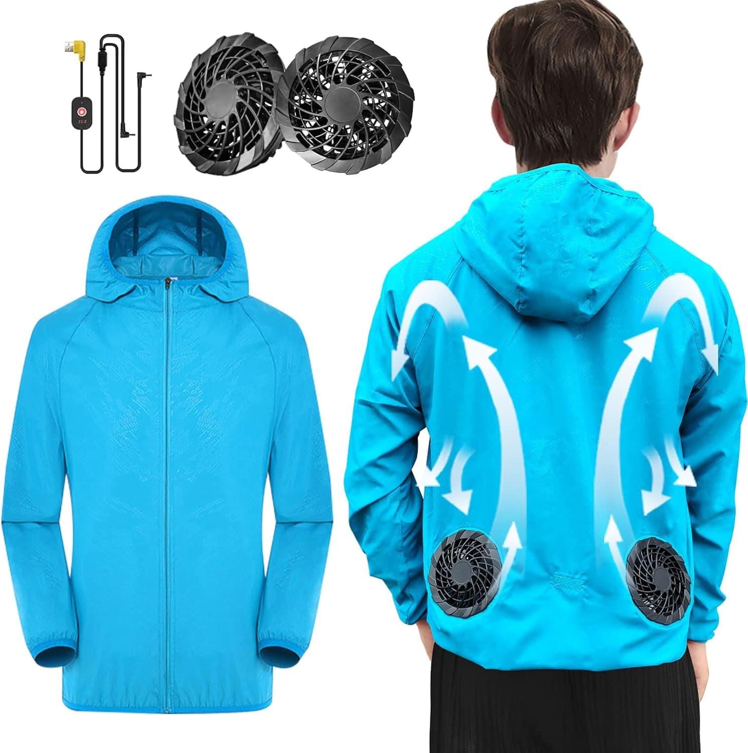 HJDHS Fan Cooling Jacket for Men Women - Battery Powered Wearable Air Conditioned Shirt 3 Speed Control Cool Clothing for MS Hot Weather (Blue, XX-Large)