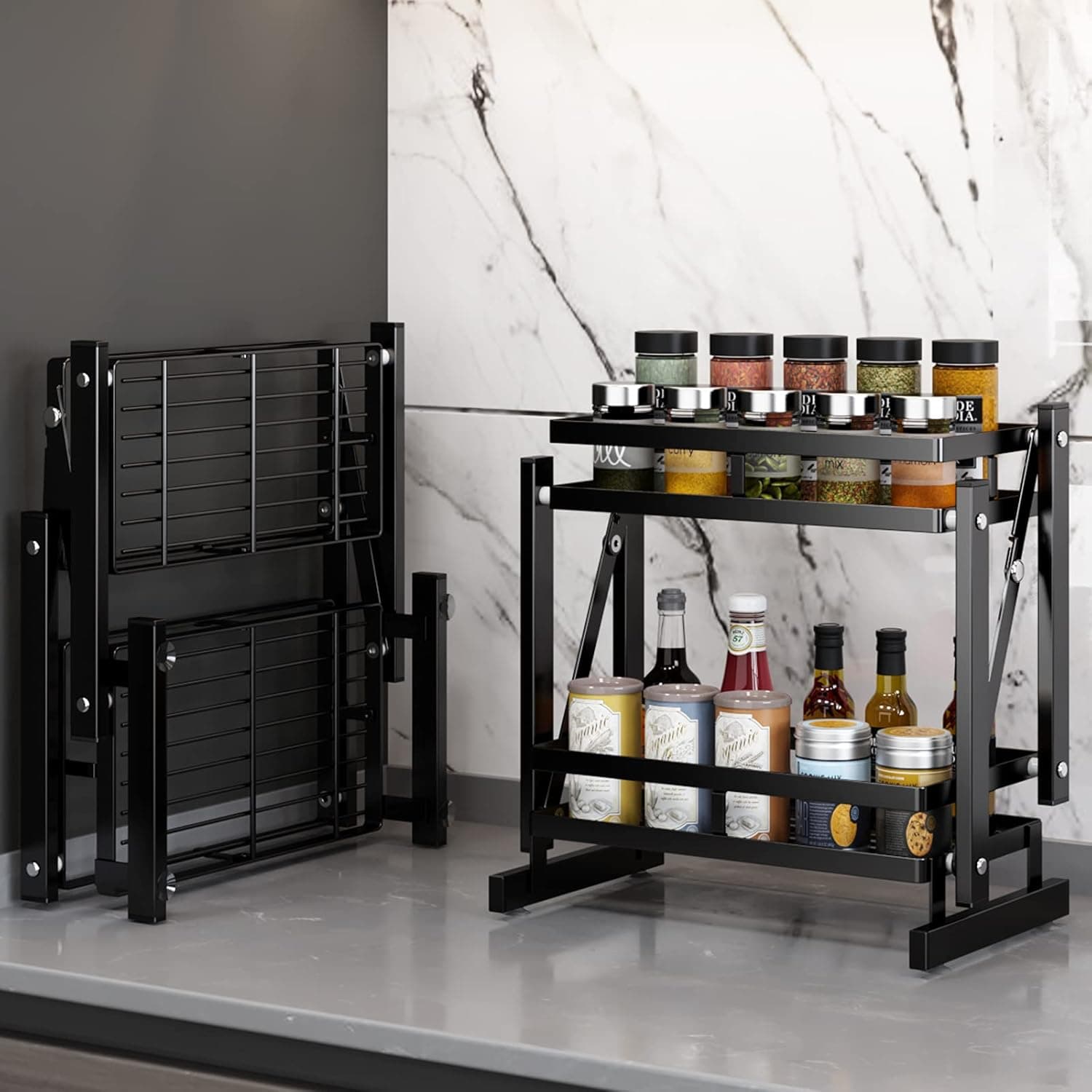Apsan Foldable Spice Rack Organizer for Countertop, Bathroom Kitchen Counter Organizer and Storage, Space Saver, Seasoning Standing Shelf Holder Black