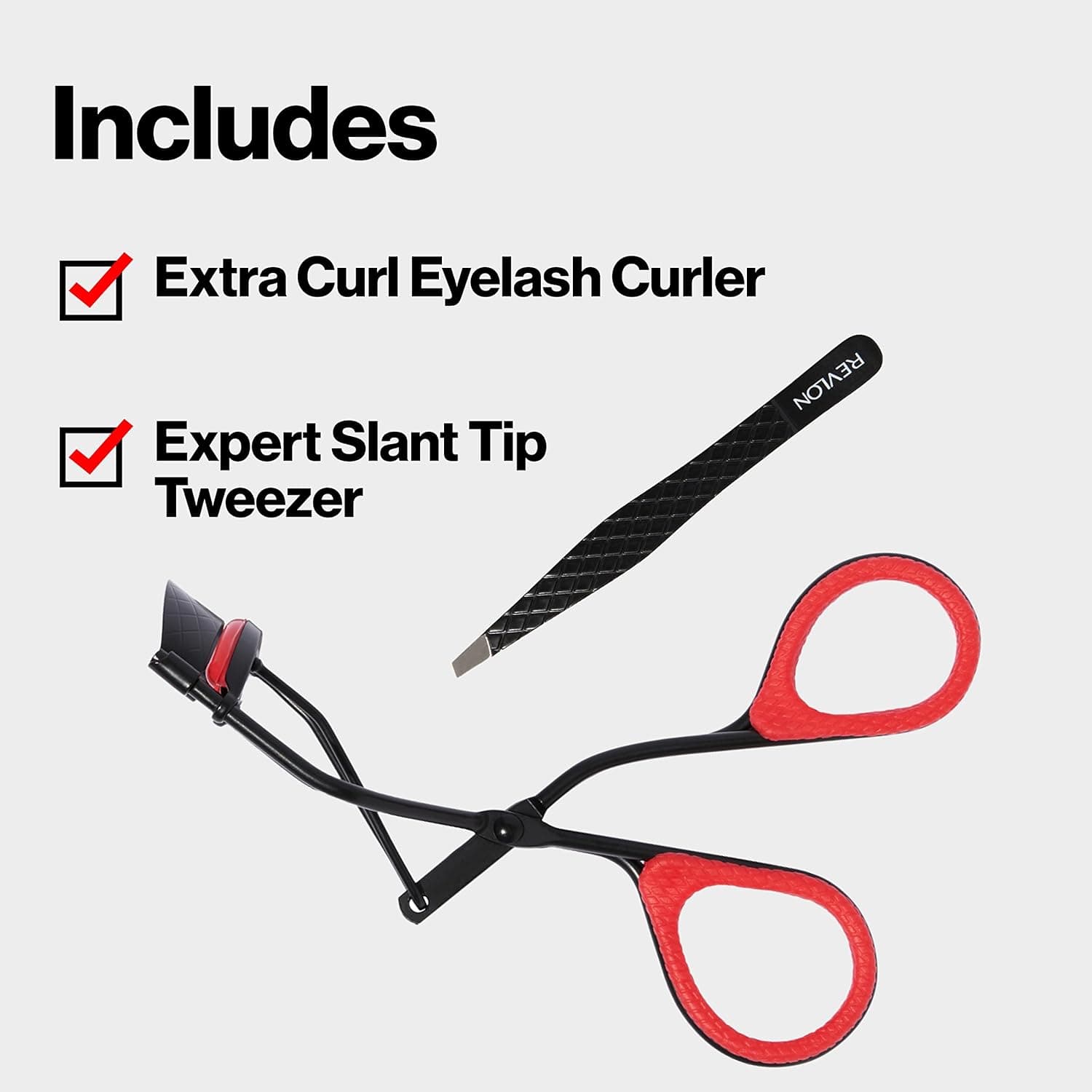 Tweezer and Eyelash Curler by Revlon, Expert Slant Tip Tweezer, Stainless Steel Hair Removal Makeup Tool, Precision Curl Control for All Eye Shapes, 1 Tweezer & 1 Eyelash Curler