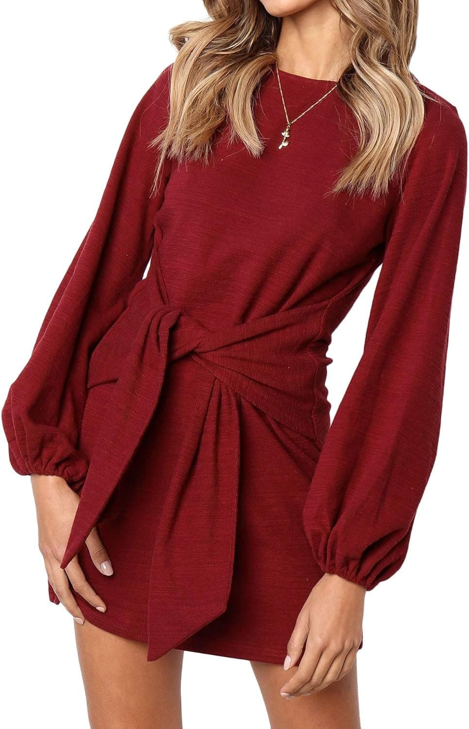 kenoce Women's Long Sleeve Tie Waist Sweater Knit Pencil Dress Casual Elegant Mini Party Cocktail Dresses