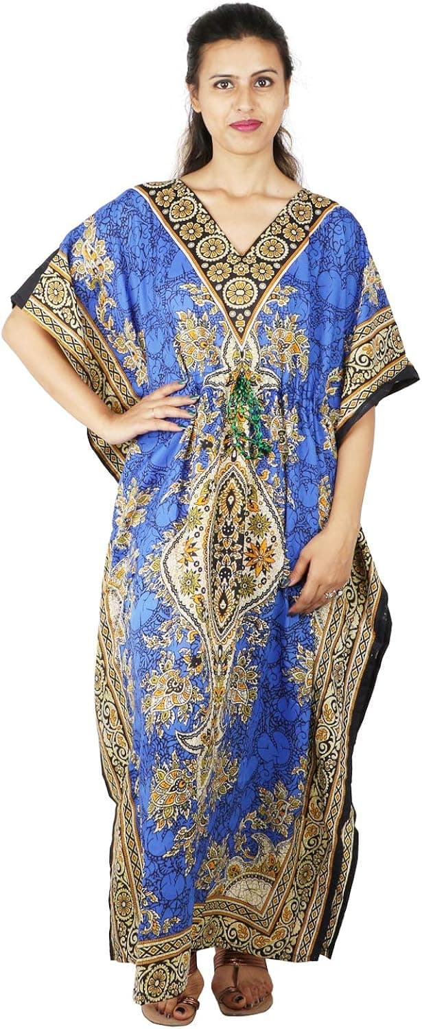 Floral Print Long Caftan Tunic Dress Maxi Kaftan Plus Size Cover up Dresses for Women Royal Blue
