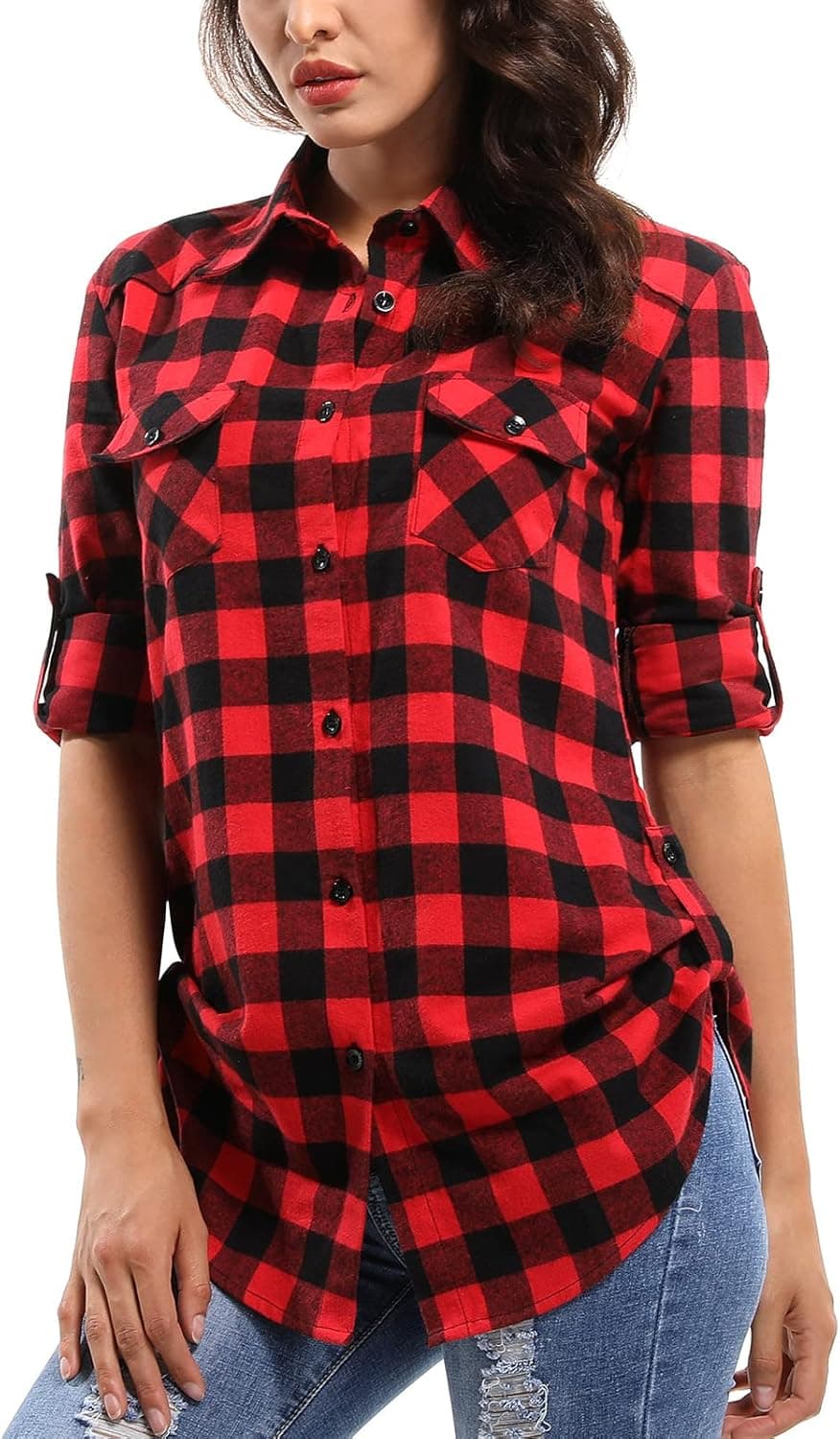 OCHENTA Women's Roll Up Sleeve Button Down Plaid Flannel Shirt Fitted Casual Tops