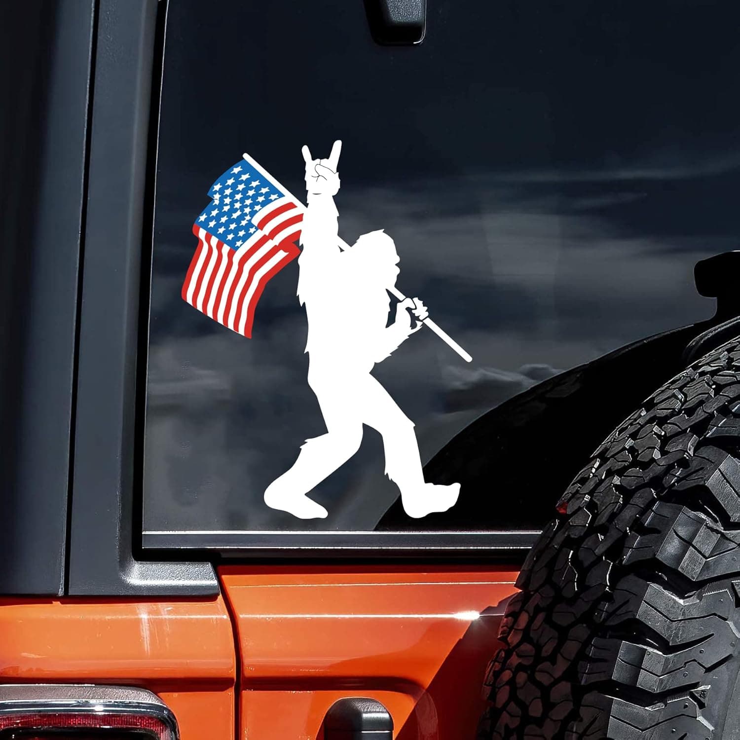 WSQ Sasquatch Bigfoot Rock On American Flag Vinyl Decal Sticker Premium Quality Vinyl Size 5-inch for Car Bumper Truck Van SUV Window Wall Boat Cup Tumblers Laptop or Any Smooth Surface