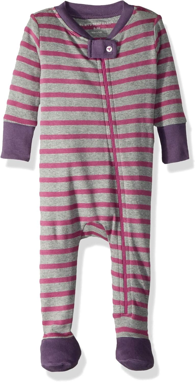 Burt's Bees Baby Baby Girls' Organic Stripe Zip Front Non-Slip Footed Sleeper Pajamas, Plumeria Stripe, 12 Months