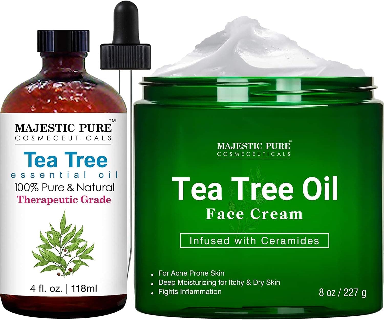 MAJESTIC PURE Tea Tree Oil and Tea Tree Face Cream Bundle – Tea Tree Oil 4 fl oz, Tea Tree Face Cream 8 oz