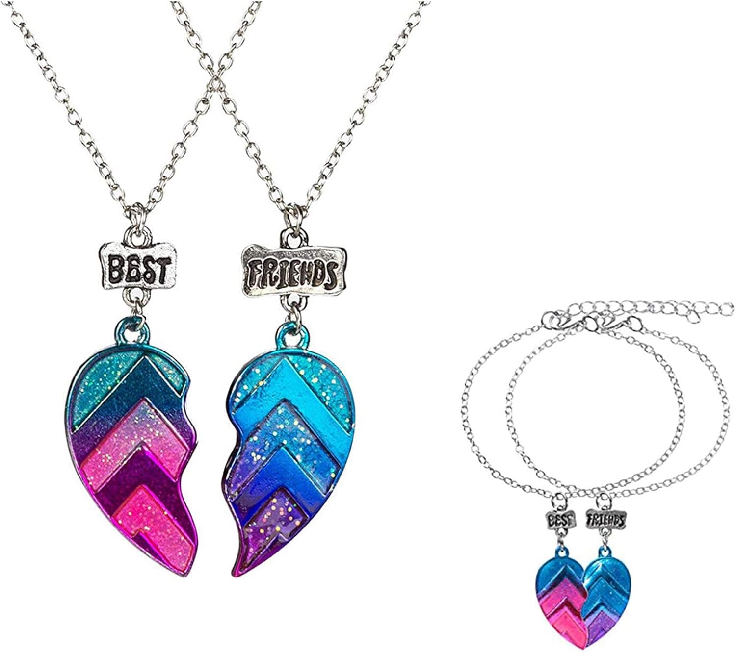 Caiyao 4 Pcs/Set BFF Necklaces and Bracelets Best Friends Half Heart Pendant Chain Necklaces Half Heart Friendship Jewelry Set 2 Friends Sisters Girls Birthday Gift for Women Girls