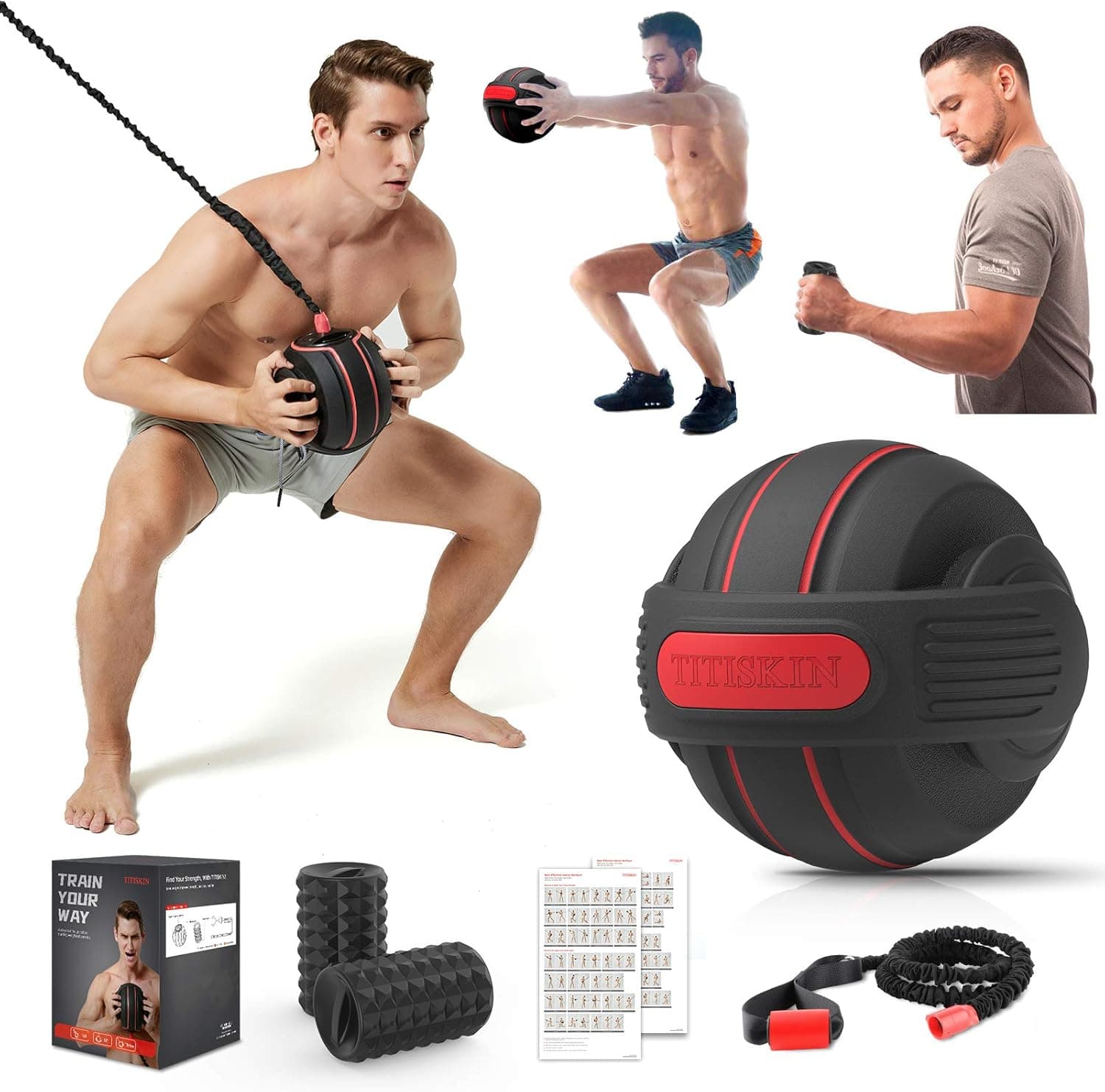TITISKIN All-in ONE Home Gym Workout Equipment with Weighted Fitness Ball, Resistance Band Handles,Modular Dumbell,Foam Roller - Total Body Workout Machine for Home, Travel or Outside