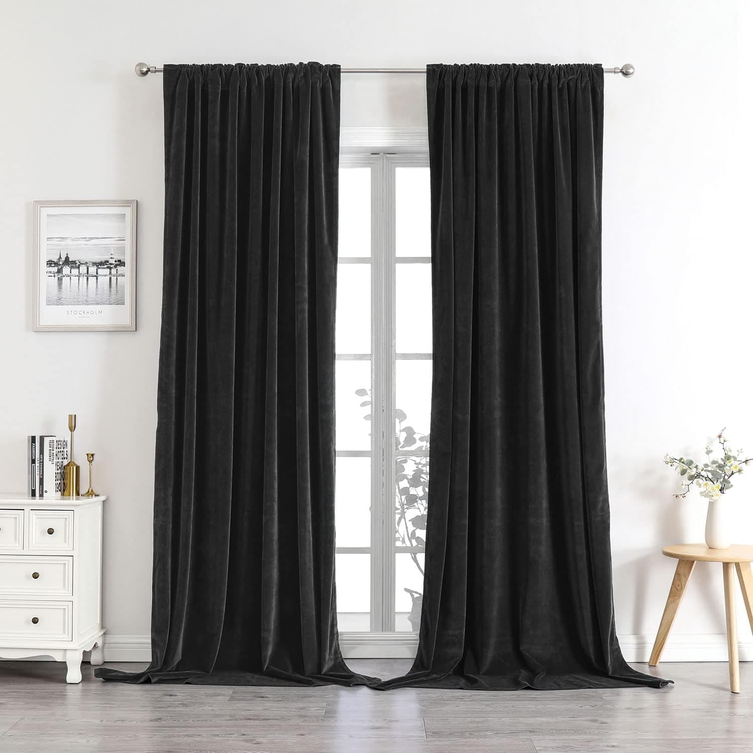 Joydeco Black Velvet Curtains 108 inch Length 2 Panels Burg Set, Luxury Rod Pocket Thermal Insulated Window Blackout Curtain, Room Darkening Drapes for Living Dining Room Bedroom Privacy