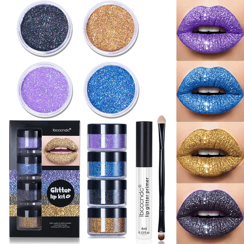 Glitter Lipgloss Set Petansy 4 Colors Glitter Lip Kit Diamond Glitter Metallic Lipstick Set + One Lip Glitter Primer + One Lip Brush
