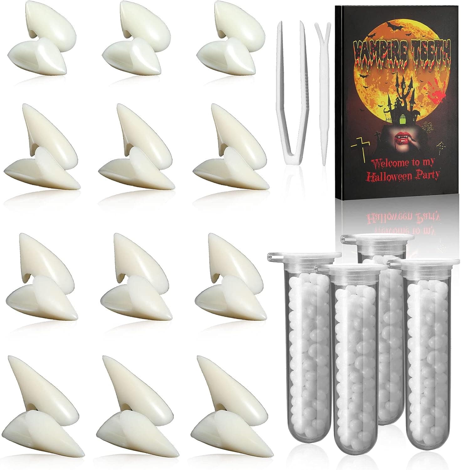 12 Pairs Vampire Fangs Teeth Costume 4 Size Fake Teeth with Tooth Pellets and Installation Tool Instruction False Teeth Prop Decoration Halloween Party Cosplay Dentures Costume Party Supplies