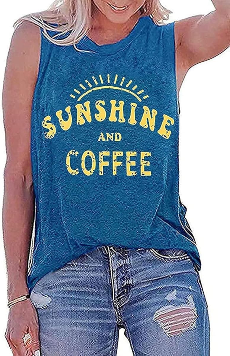 ANDUUNI Women Sunshine and Coffee Graphic Tank Tops Crew Neck Sleeveless Basic Tops Blouses T-Shirts