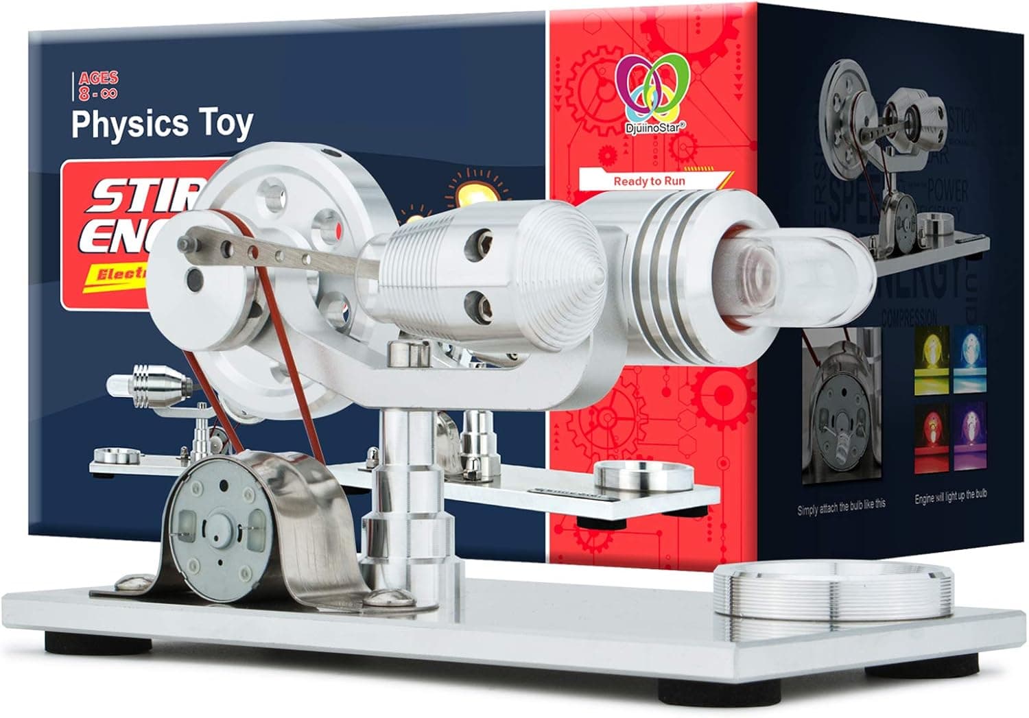 DjuiinoStar Hot Air Stirling Engine, Solid Metal Construction, Electricity Generator (Light up Colorful LED), My First Stirling Engine