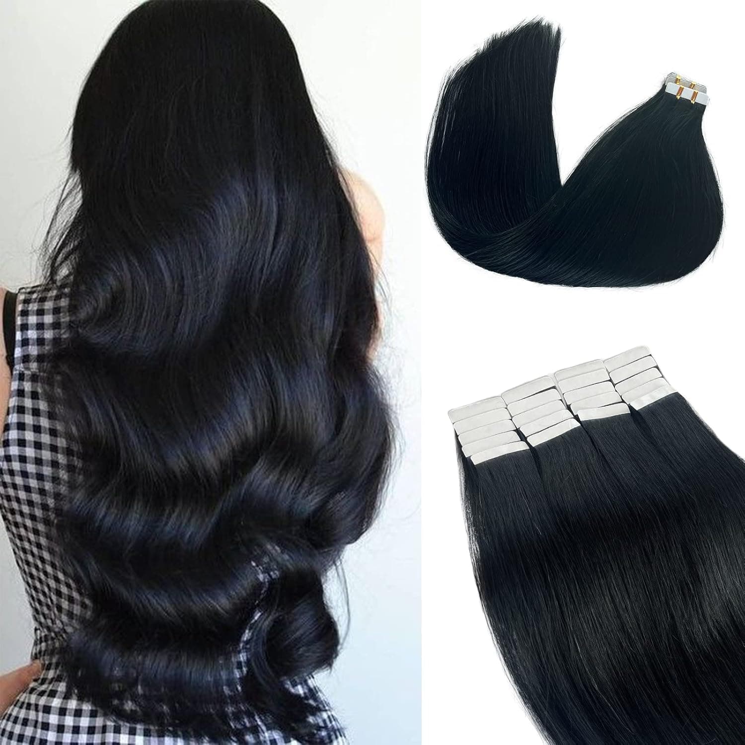 Munx Black Tape in Hair Extensions 14inch 20pcs 50g/Pack Black Straight Seamless Skin Weft Tape in Human Hair Extensions