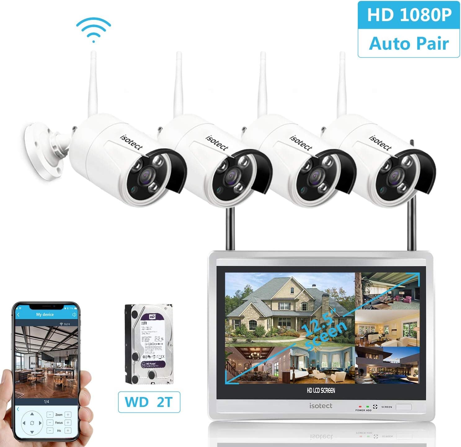 [2019 Newest ] All in One with 12.5-inch Monitor Home Video Surveillance System, Wireless Security Camera System,Isotect 8CH Full HD 1080P Security Camera System 4pcs 1080P IP Cameras, 2TB HDD