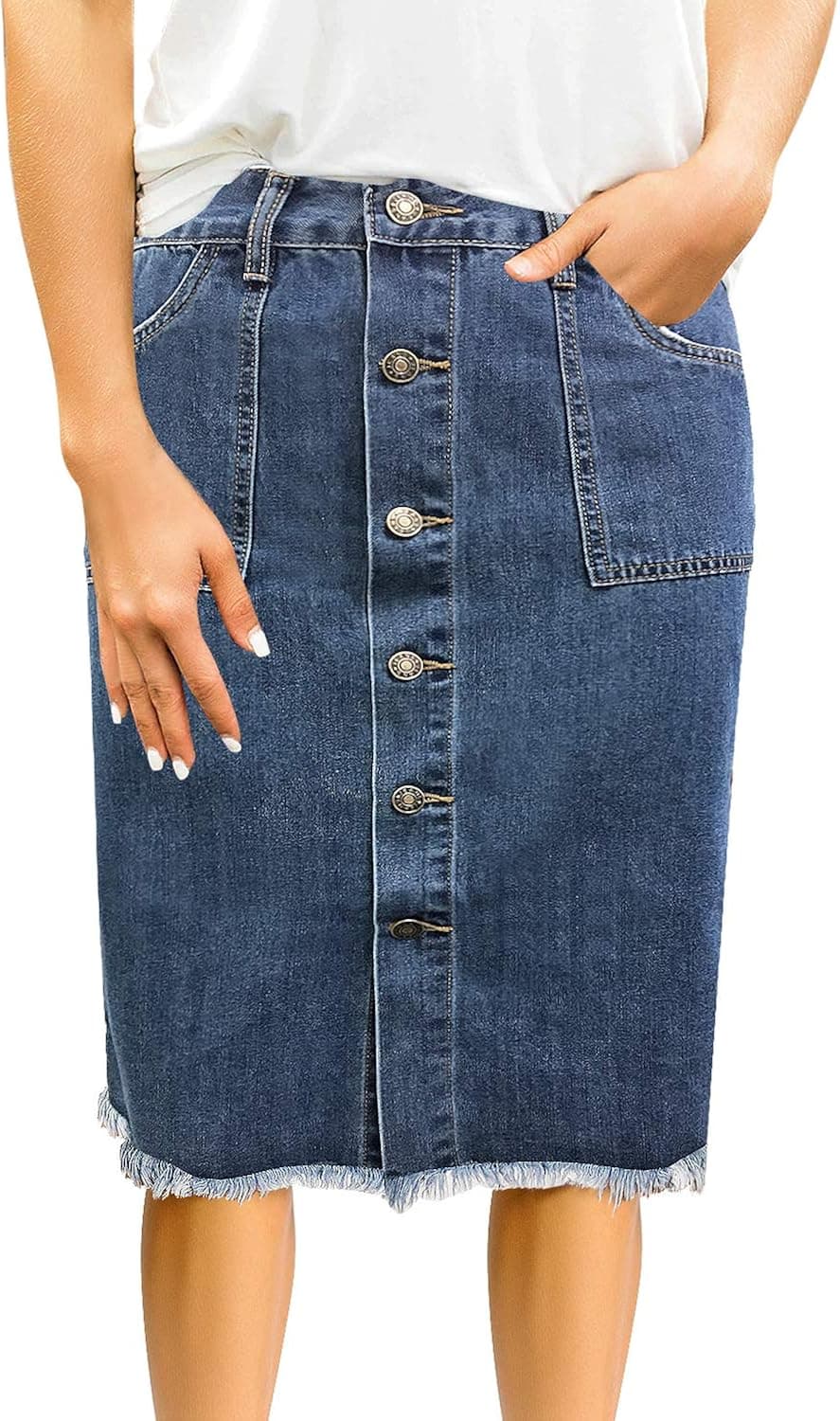 GRAPENT Women's Casual Mid Rise Ripped Pockets Distressed Short Denim Jeans Skirt