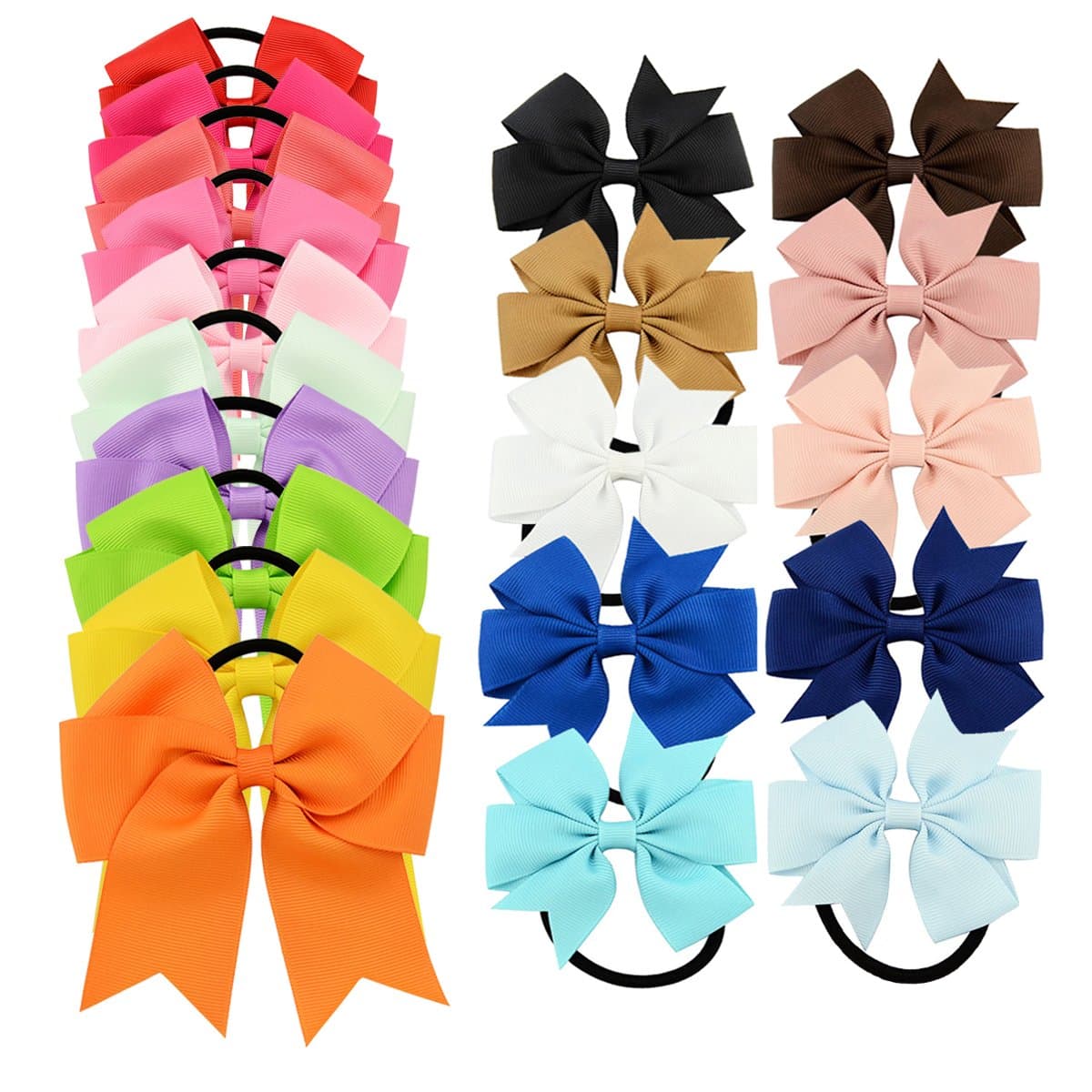 YOY 20 Pcs Fashion Baby Girls Boutique Hair Ties Ponytail Holders - Stretchy Elastic Ropes Rubber Bands Hair Accessories Set with Grosgrain Ribbon Bows 4.5" and 3" for Toddlers Teens Kids