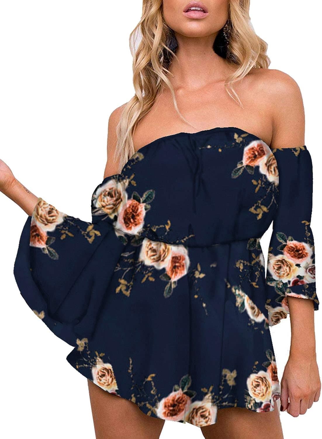 Chunoy Women Casual Summer Floral Off Shoulder Blouse 3/4 Sleeve Tops Navy Blue X-Large
