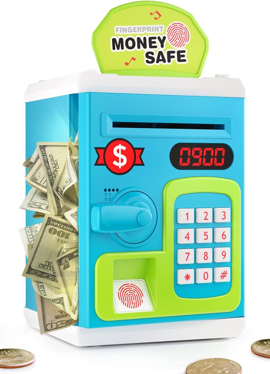 KingsDragon Piggy Bank Toys for Kids, Electronic Money Bank Password ATM for Cash, Auto Scroll Coin Saving Box Best Toy Gifts for Boys Girls3 4 5 6 7 8 Year Old (Blue)