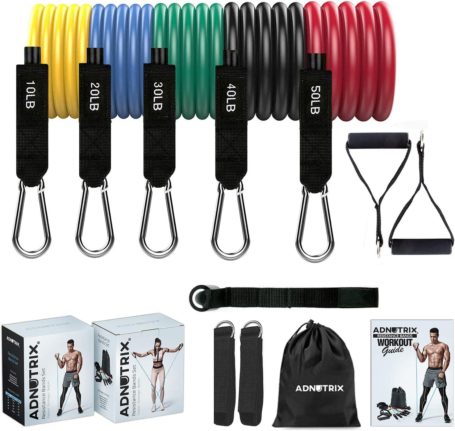 Adnutrix Gym Bands – Resistant Bands for Men and Women – Durable Door Resistance Bands System for Indoor Workouts – 11 pcs Workout Set Stackable to 150 Lbs with Door Anchor, Handles, Legs Ankle Straps
