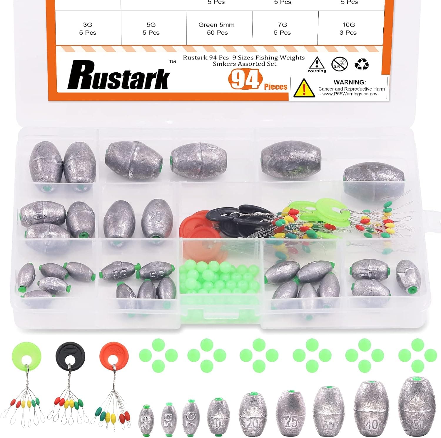 Rustark 94Pcs Fishing Weights Sinkers Assorted Set 9 Sizes Hollow Olive Eggs Weights Bass Casting Weight Bullet with Fishing Beads and Fishing Bobber Stoppers in Storage Case