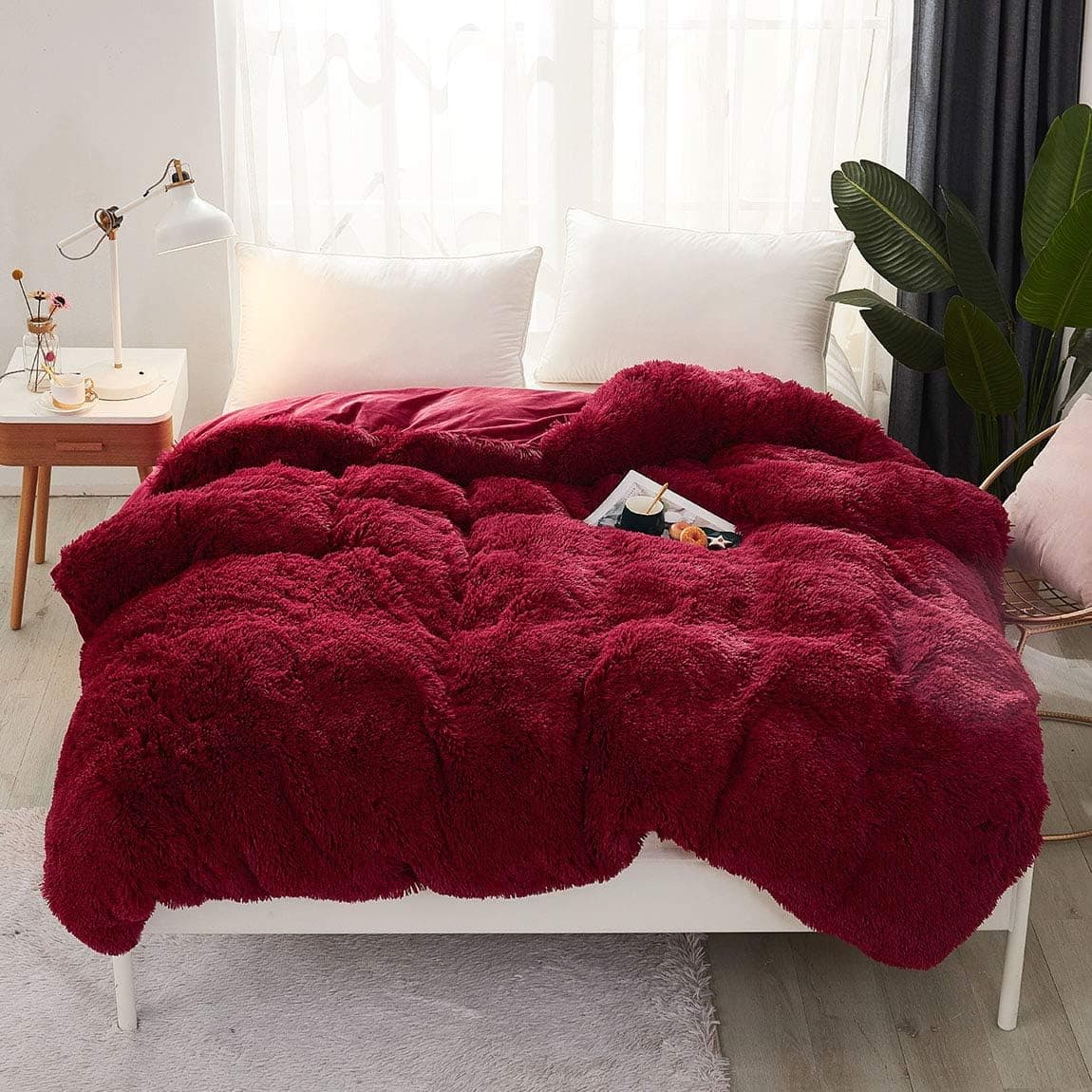 JAUXIO Luxurious 1PC Faux Fur Duvet Cover Plush Shaggy Bed Blanket Ultra Soft Crystal Velvet Reverse (Burgundy, Twin)