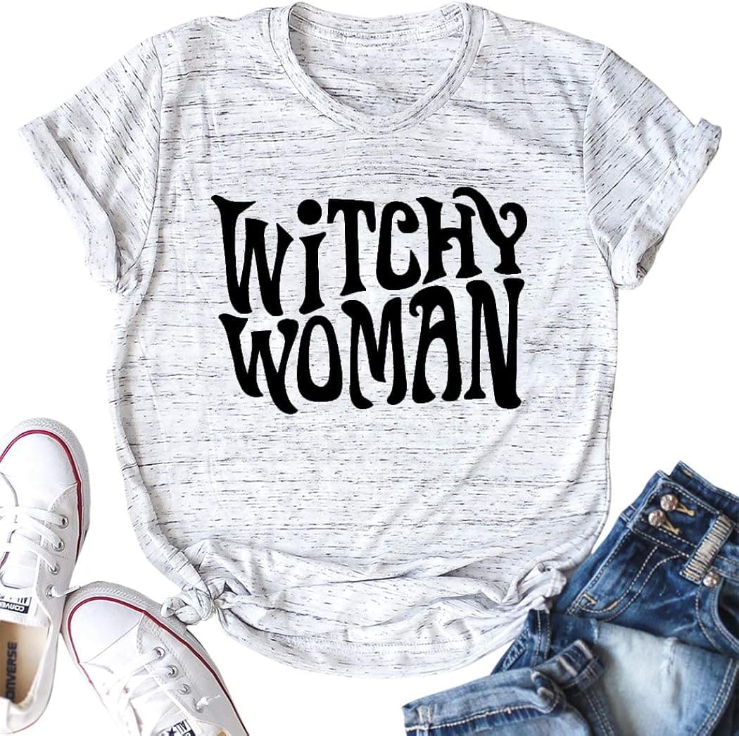 BANGELY Witchy Women Halloween Cute T Shirt Funny Graphic Tees for Women Letter Print Short Sleeve Shirts Tops